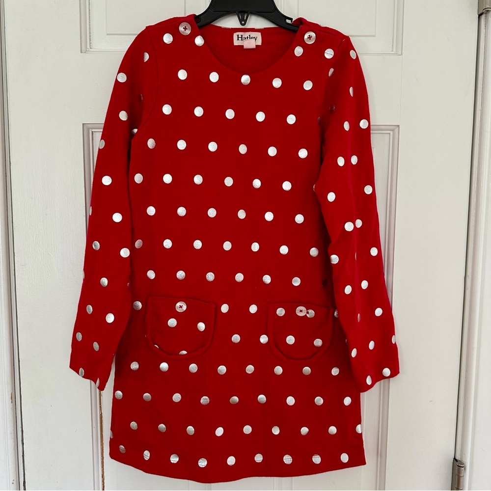 Hatley Girls A-Line Red & Metallic Silver Polka Dot Dress w Pockets Sz 8